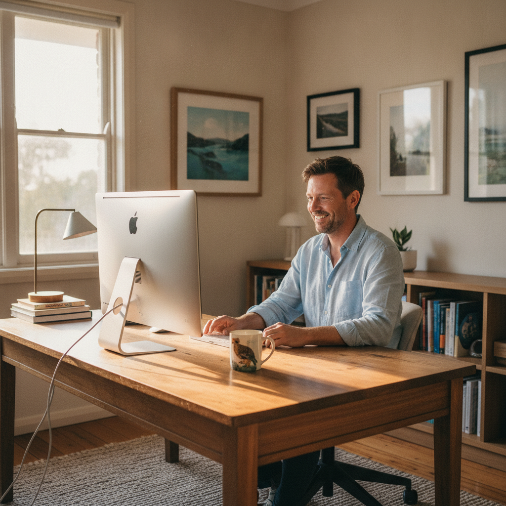 Professional computer clean-out in Denistone West (2114) — a happy New South Wales resident at home with a spotless, fast, quiet machine