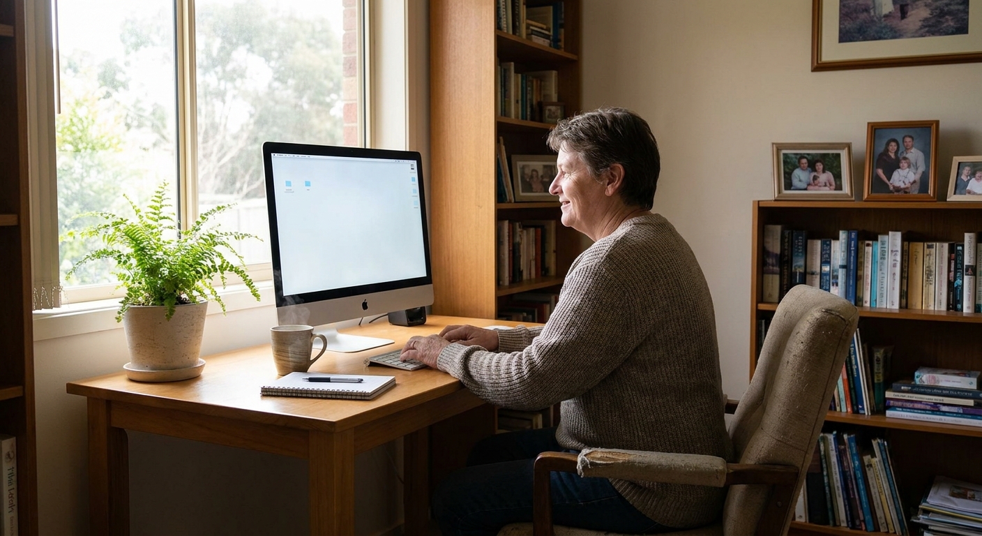 Professional computer clean-out in Devon Meadows (3977) — a happy Victoria resident at home with a spotless, fast, quiet machine
