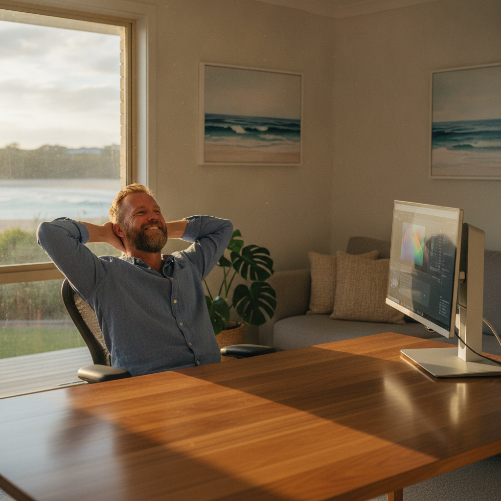 Professional computer clean-out in Diamond Beach (2430) — a happy New South Wales resident at home with a spotless, fast, quiet machine