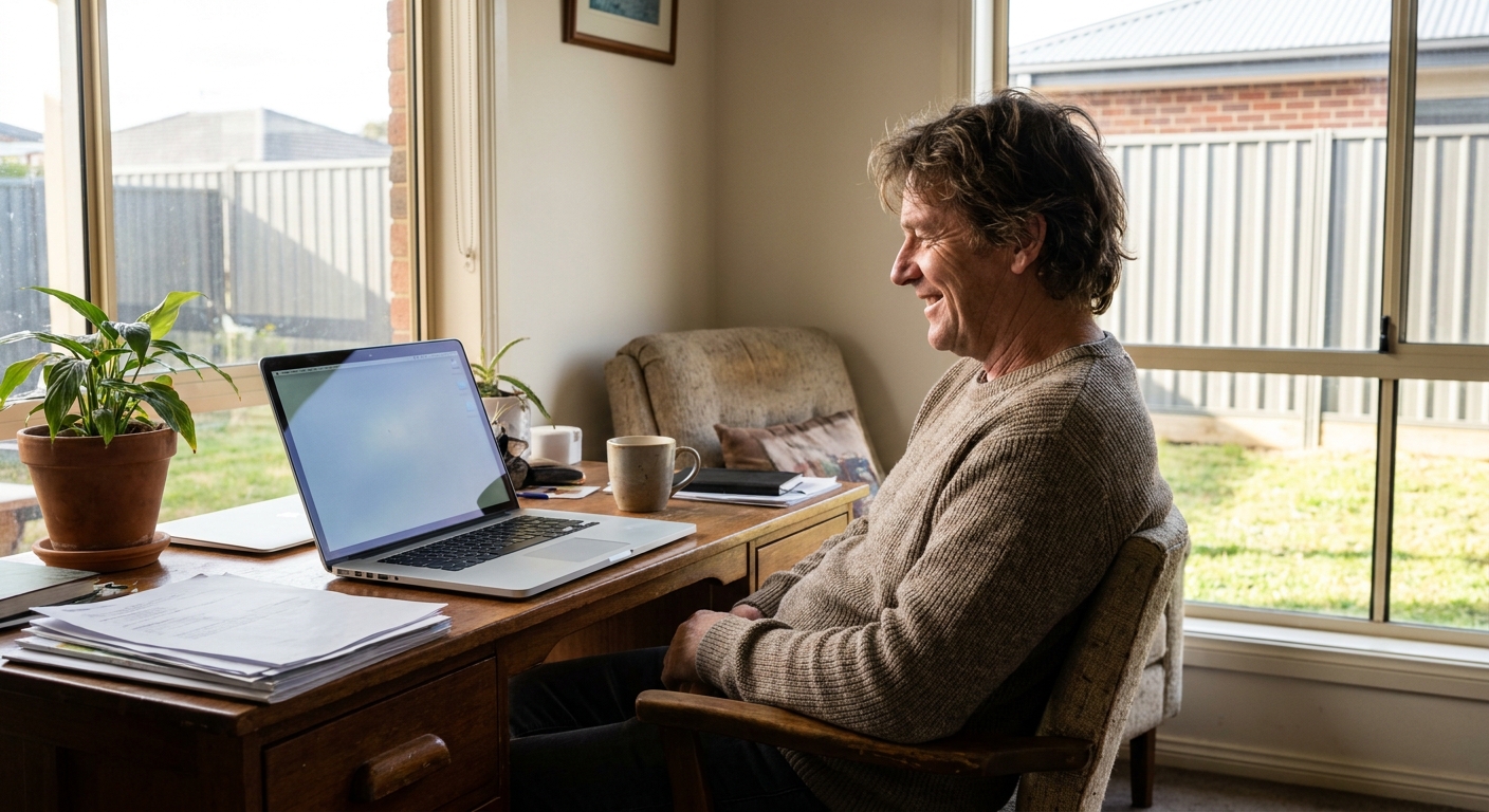 Professional computer clean-out in Diggers Rest (3427) — a happy Victoria resident at home with a spotless, fast, quiet machine