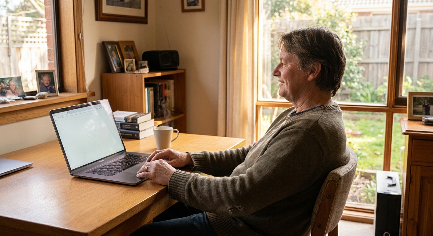 Professional computer clean-out in Dingley Village (3172) — a happy Victoria resident at home with a spotless, fast, quiet machine