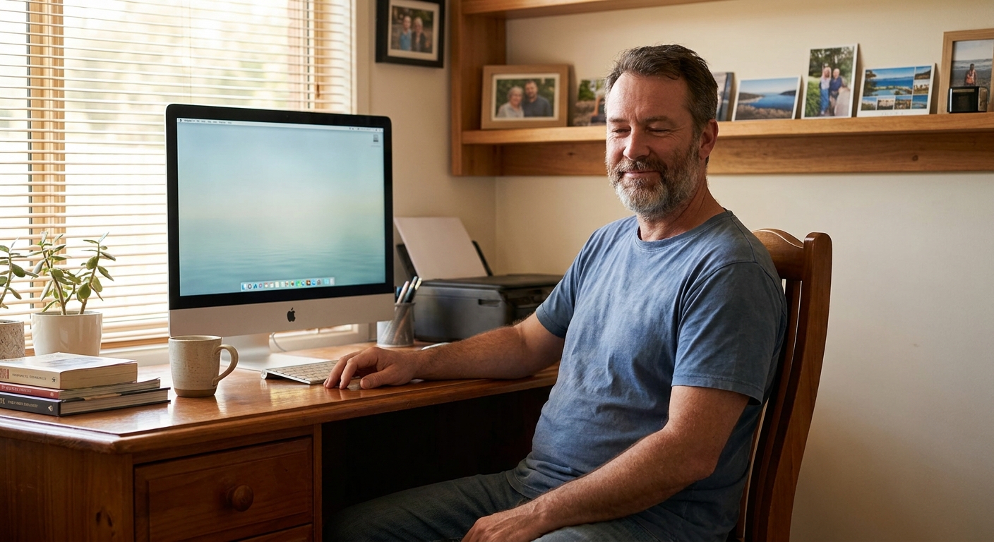Professional computer clean-out in Donvale (3111) — a happy Victoria resident at home with a spotless, fast, quiet machine