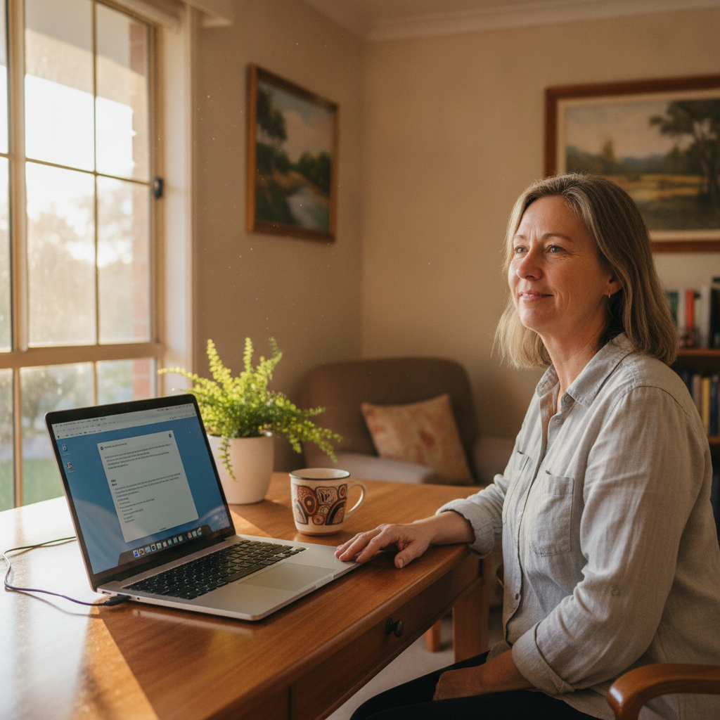Professional computer clean-out in Dooralong (2259) — a happy New South Wales resident at home with a spotless, fast, quiet machine