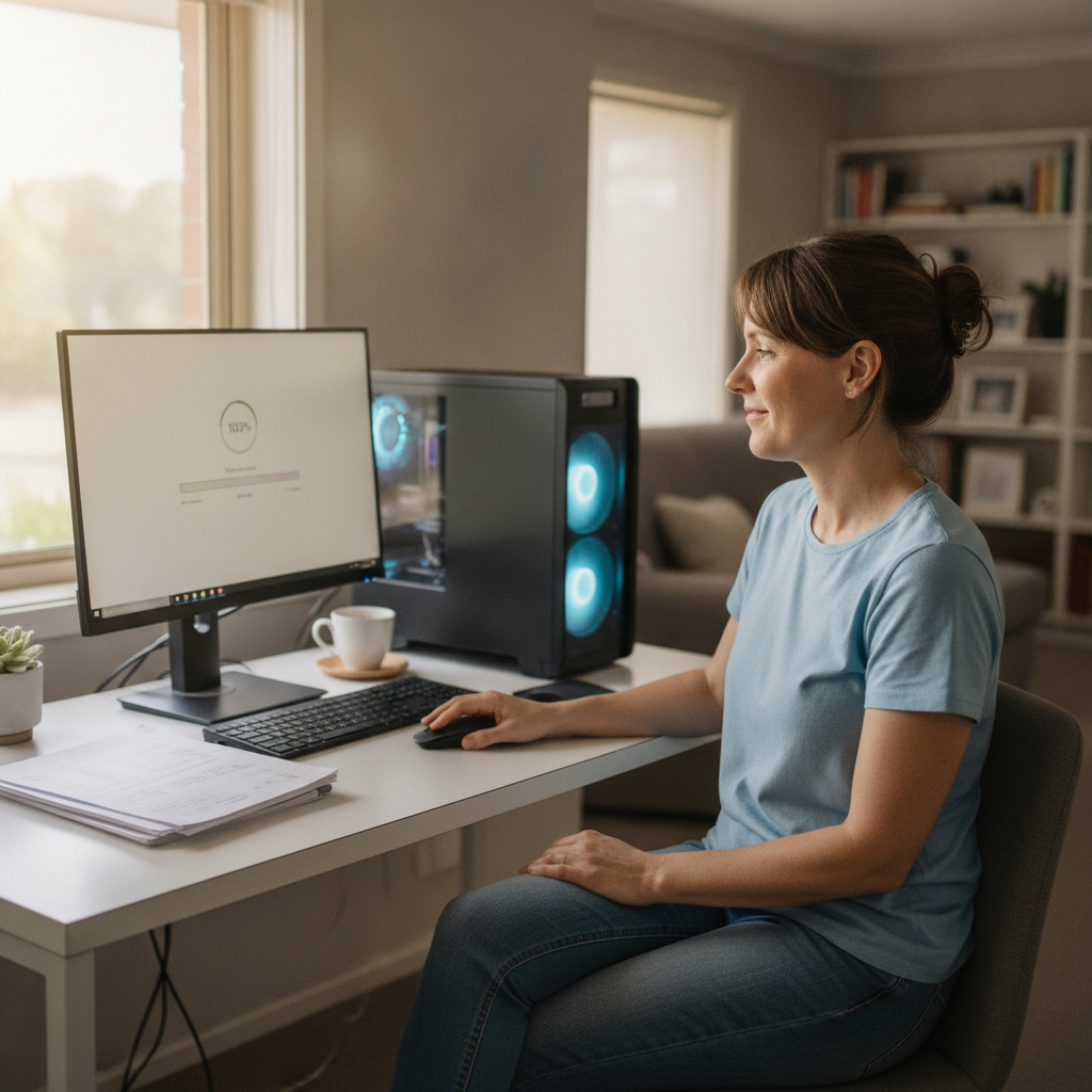 Professional computer clean-out in Dover Gardens (5048) — a happy South Australia resident at home with a spotless, fast, quiet machine