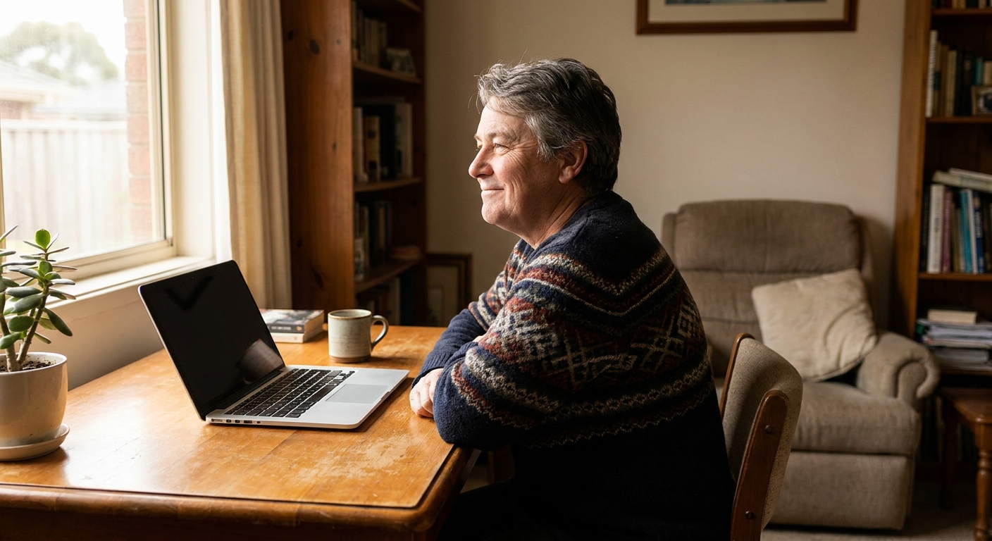 Professional computer clean-out in Doveton (3177) — a happy Victoria resident at home with a spotless, fast, quiet machine