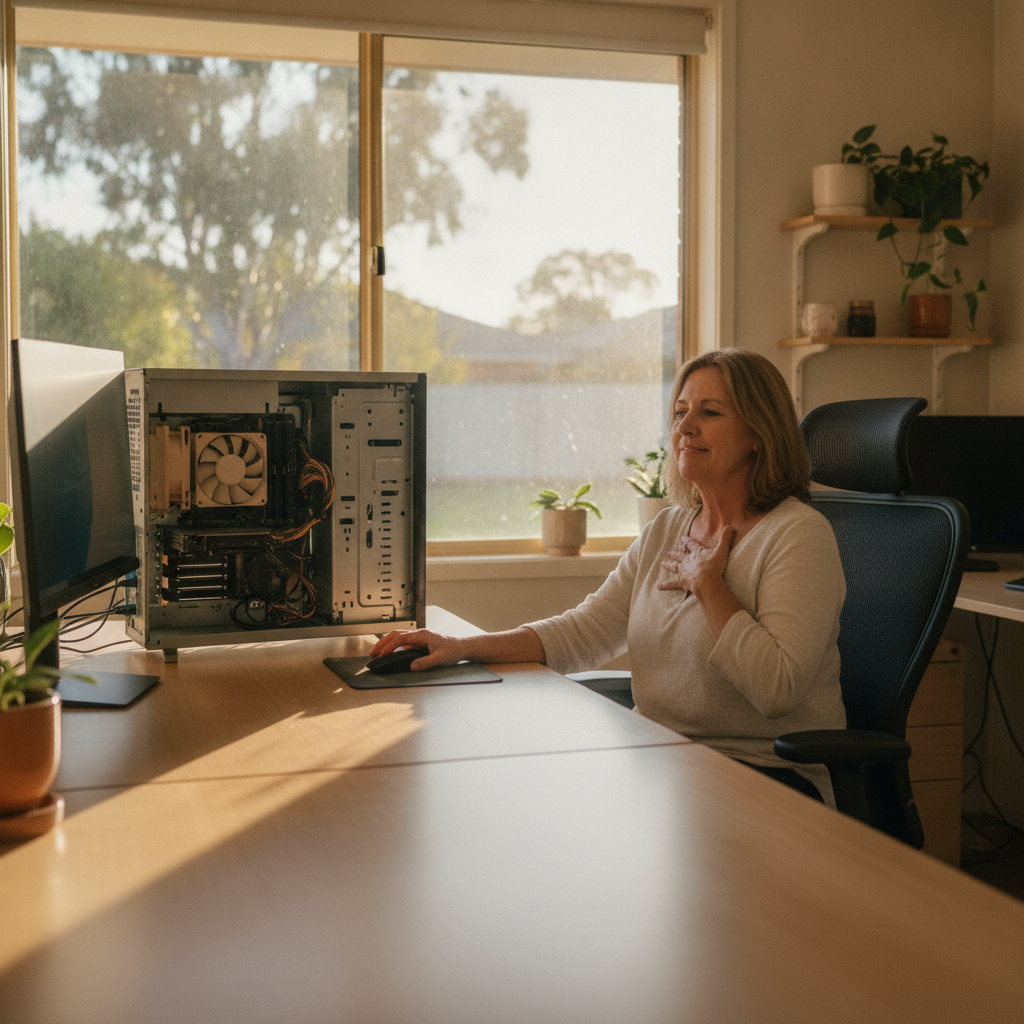 Professional computer clean-out in Dry Creek (5094) — a happy South Australia resident at home with a spotless, fast, quiet machine