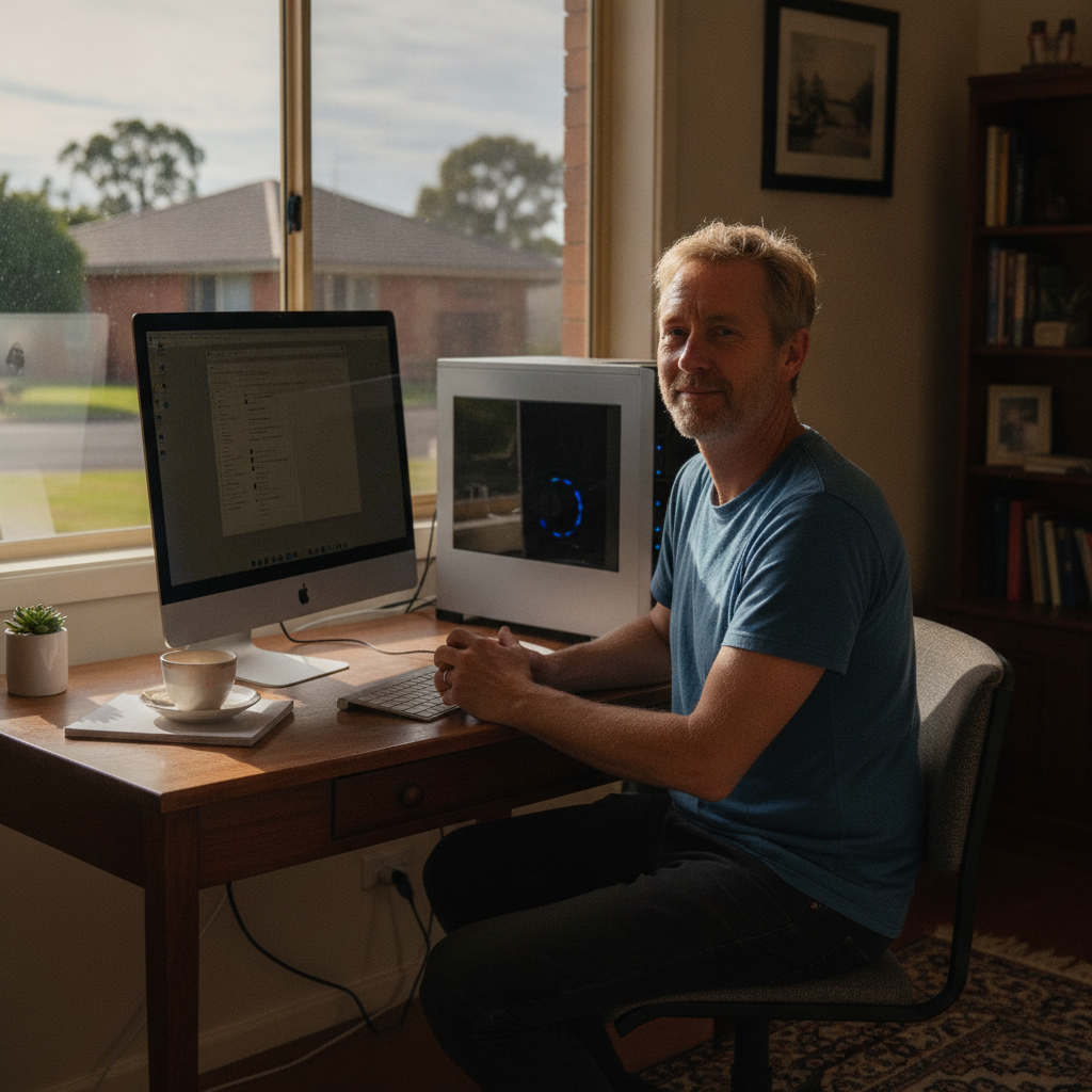 Professional computer clean-out in Dubbo Grove (2830) — a happy New South Wales resident at home with a spotless, fast, quiet machine