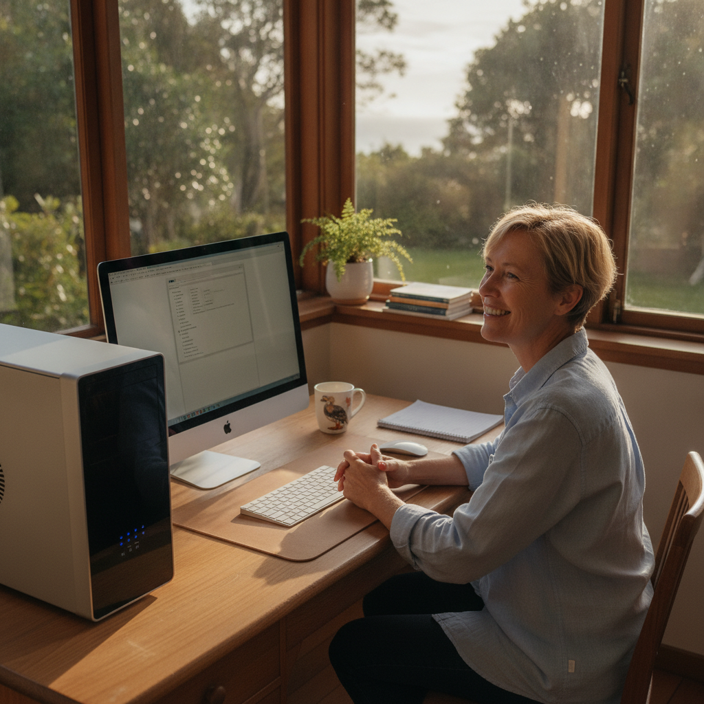 Professional computer clean-out in Dumaresq Island (2430) — a happy New South Wales resident at home with a spotless, fast, quiet machine