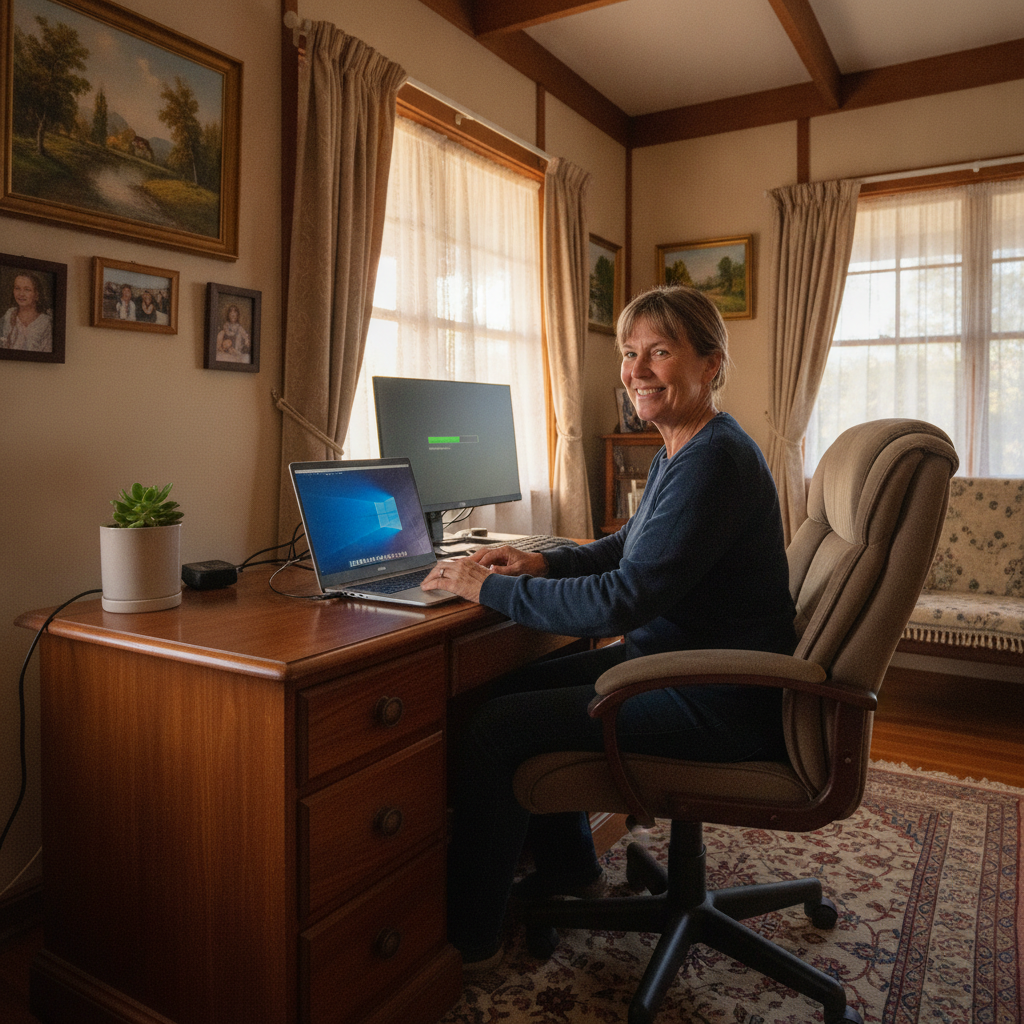 Professional computer clean-out in Dundurrabin (2453) — a happy New South Wales resident at home with a spotless, fast, quiet machine