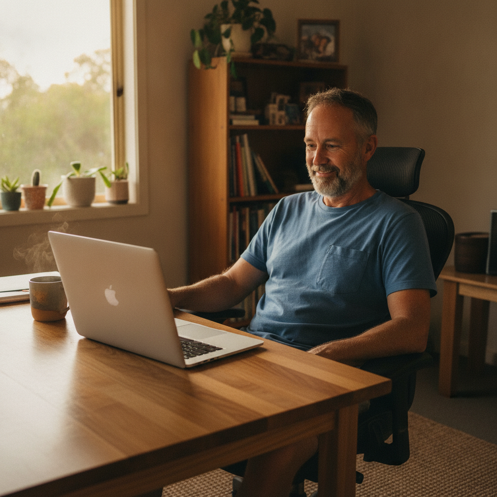 Professional computer clean-out in Dunwich (4183) — a happy Queensland resident at home with a spotless, fast, quiet machine