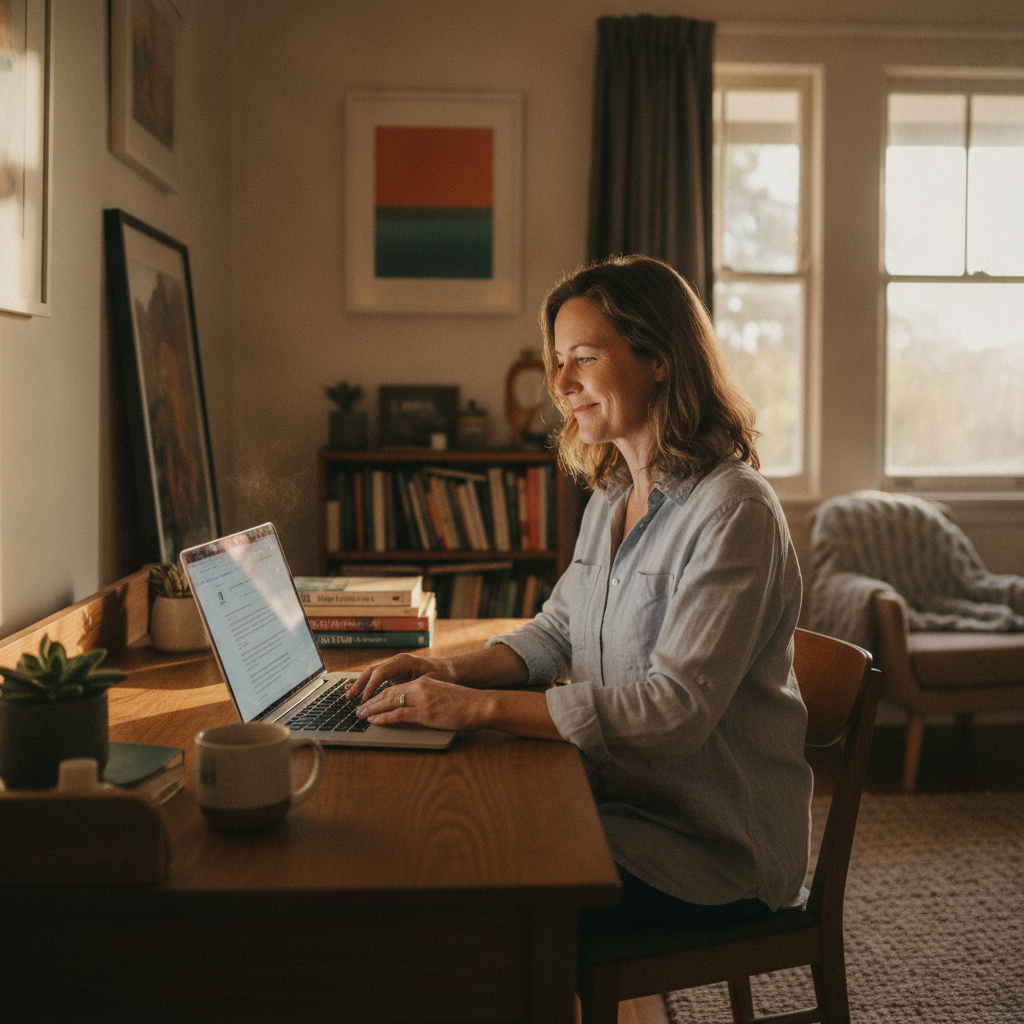 Professional computer clean-out in Dynnyrne (7005) — a happy Tasmania resident at home with a spotless, fast, quiet machine