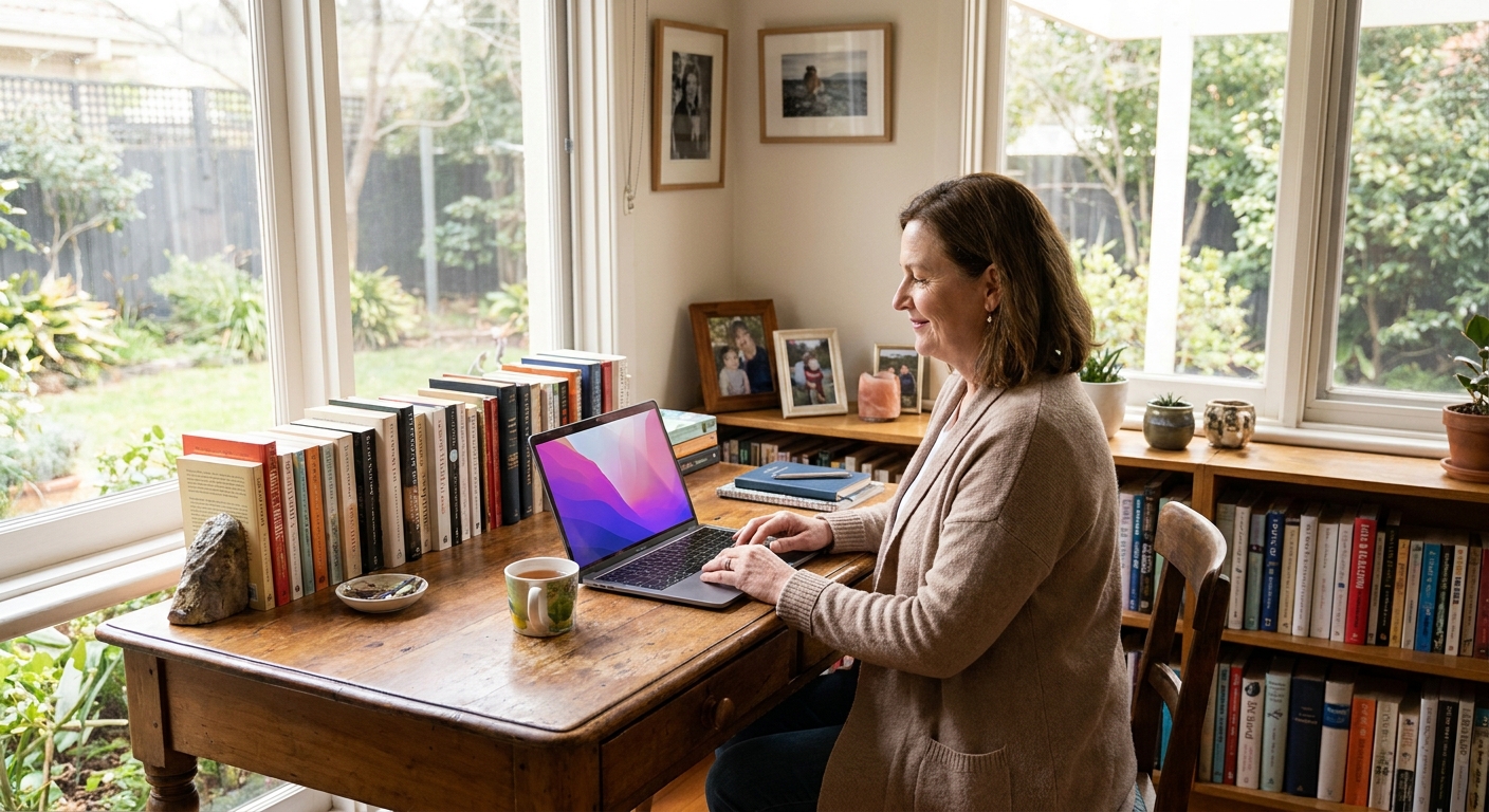 Professional computer clean-out in Eaglemont (3084) — a happy Victoria resident at home with a spotless, fast, quiet machine