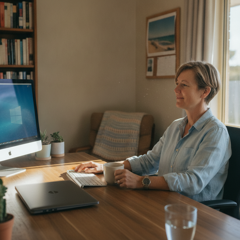 Professional computer clean-out in East Branxton (2335) — a happy New South Wales resident at home with a spotless, fast, quiet machine