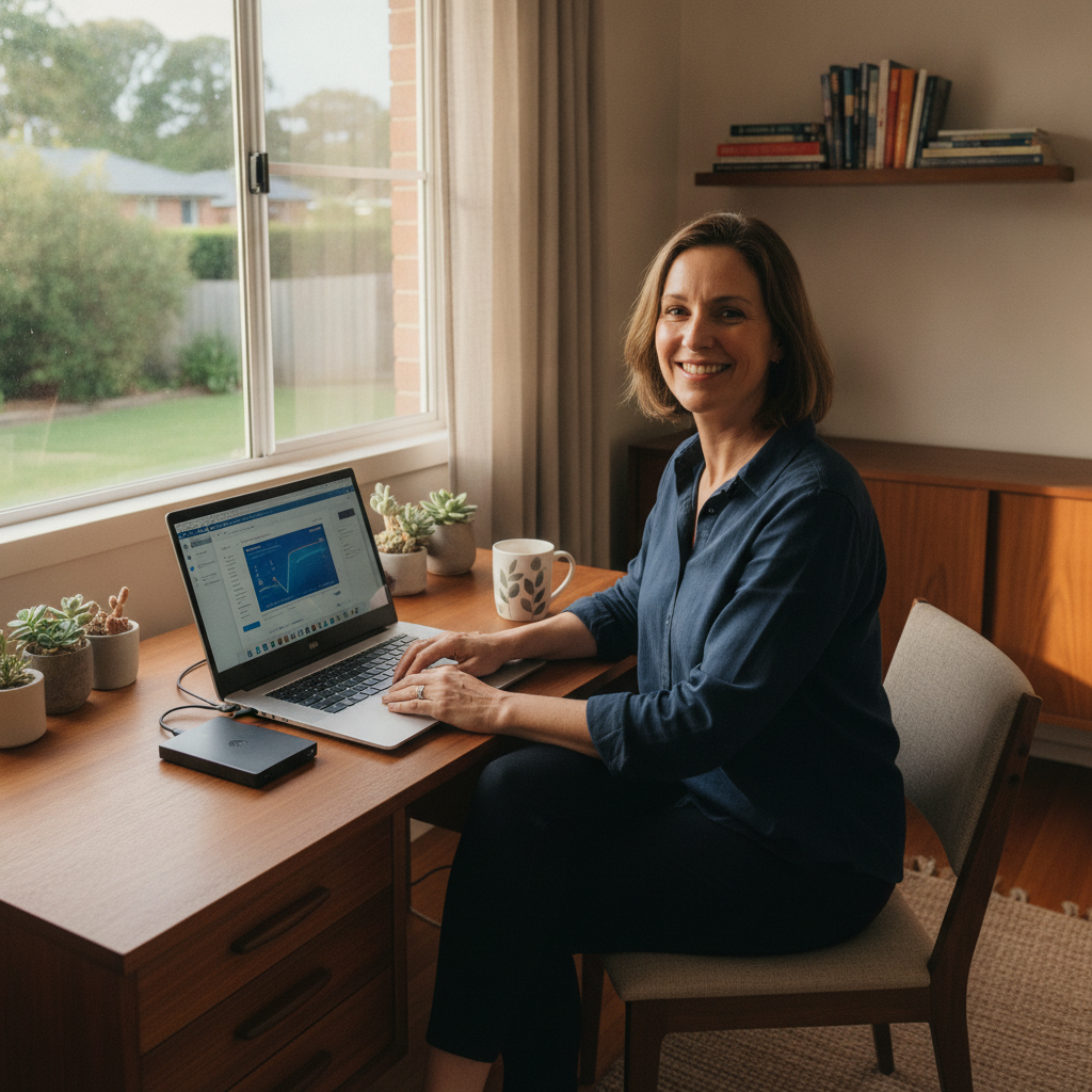 Professional computer clean-out in East Gosford (2250) — a happy New South Wales resident at home with a spotless, fast, quiet machine