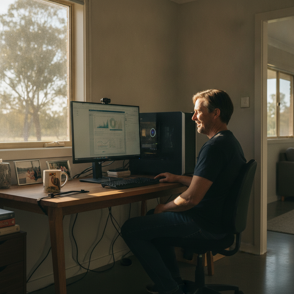 Professional computer clean-out in East Kurrajong (2758) — a happy New South Wales resident at home with a spotless, fast, quiet machine