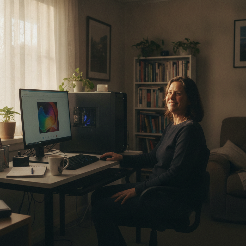 Professional computer clean-out in East Perth (6004) — a happy Western Australia resident at home with a spotless, fast, quiet machine
