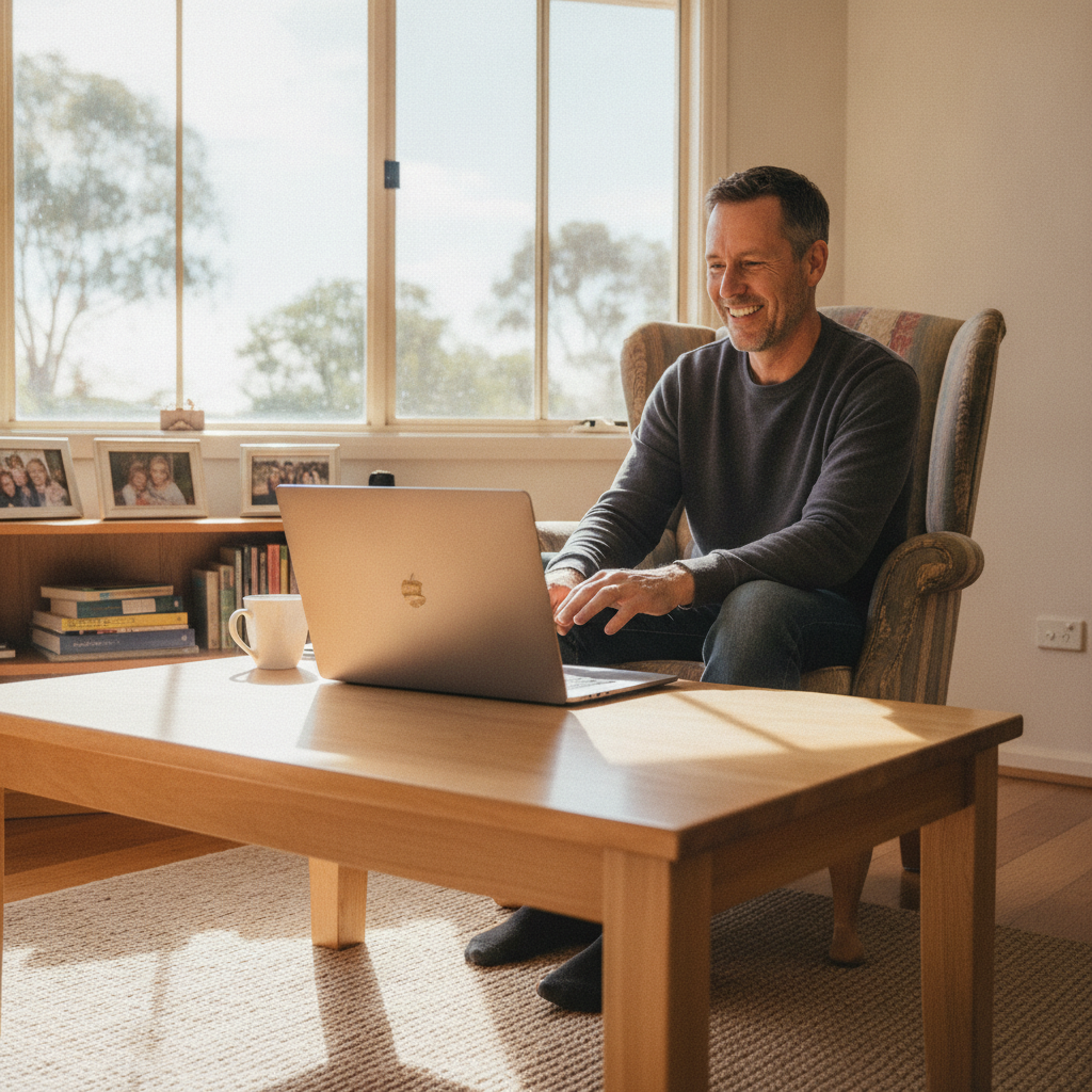 Professional computer clean-out in East Rockingham (6168) — a happy Western Australia resident at home with a spotless, fast, quiet machine