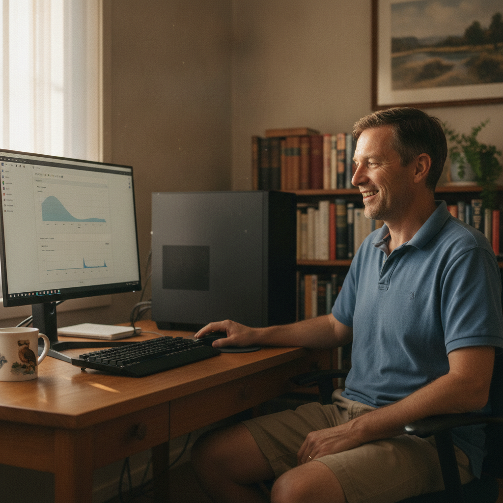 Professional computer clean-out in East Seaham (2324) — a happy New South Wales resident at home with a spotless, fast, quiet machine