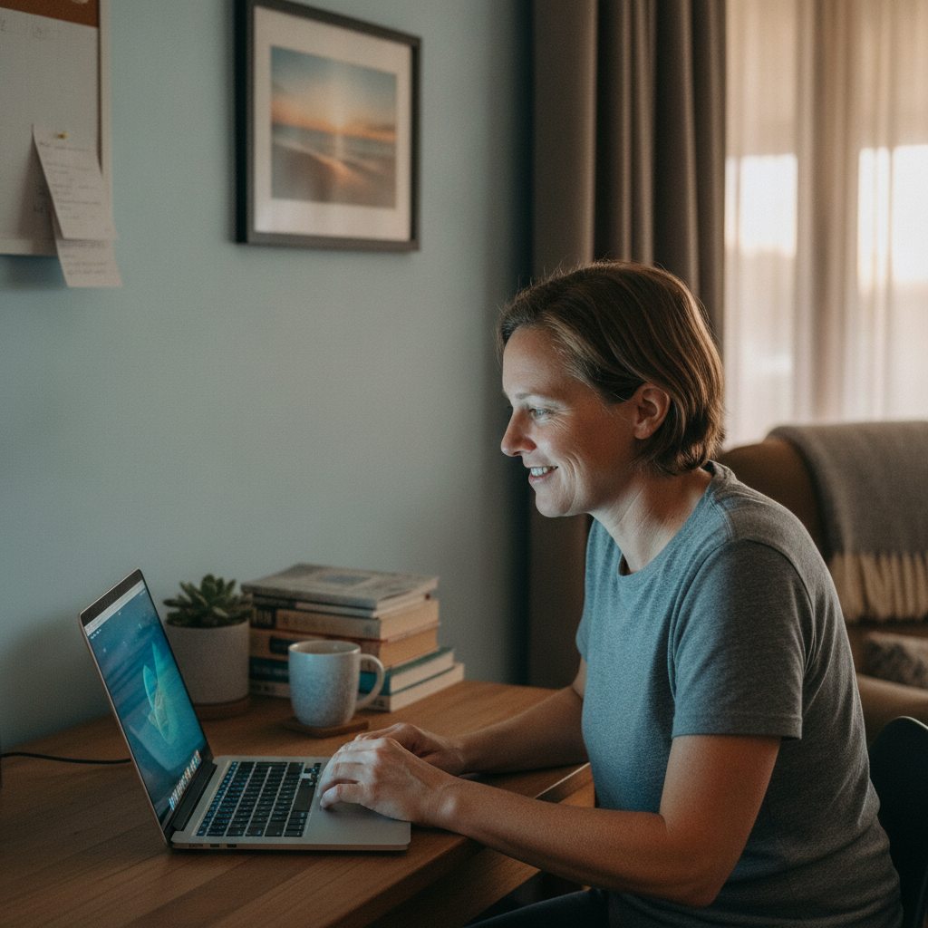 Professional computer clean-out in Elizabeth Downs (5113) — a happy South Australia resident at home with a spotless, fast, quiet machine