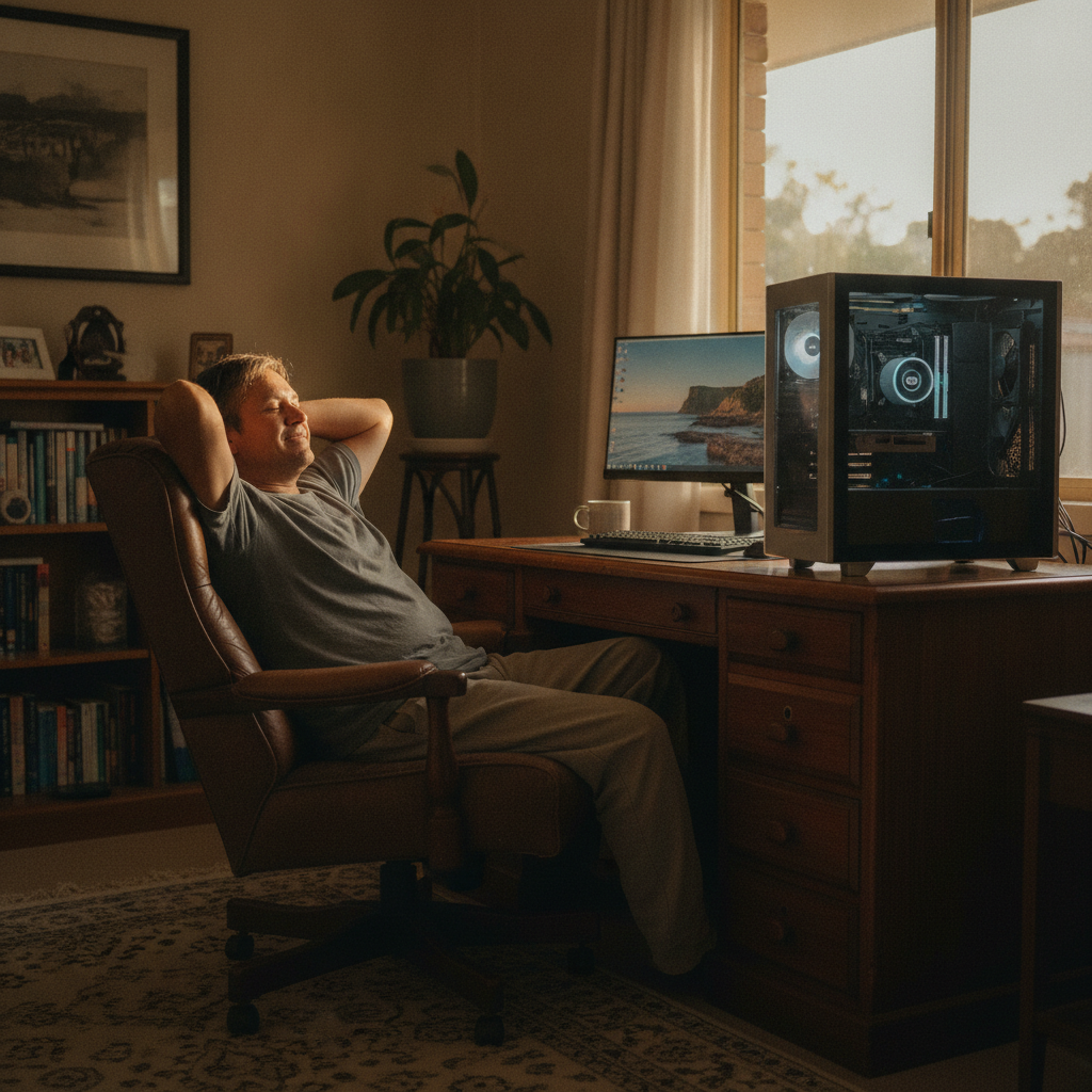 Professional computer clean-out in Elizabeth Grove (5112) — a happy South Australia resident at home with a spotless, fast, quiet machine