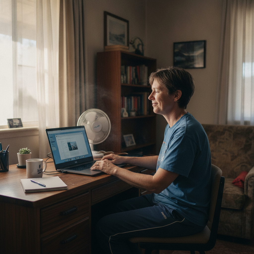 Professional computer clean-out in Elizabeth North (5113) — a happy South Australia resident at home with a spotless, fast, quiet machine