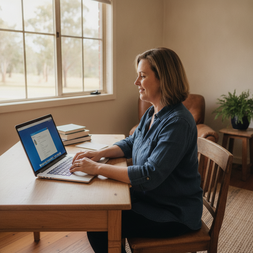 Professional computer clean-out in Ellalong (2325) — a happy New South Wales resident at home with a spotless, fast, quiet machine