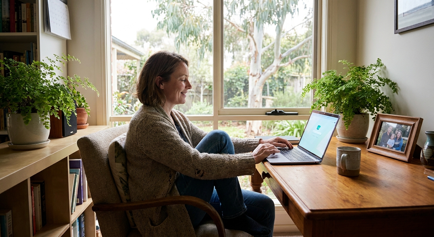 Professional computer clean-out in Emerald (3782) — a happy Victoria resident at home with a spotless, fast, quiet machine