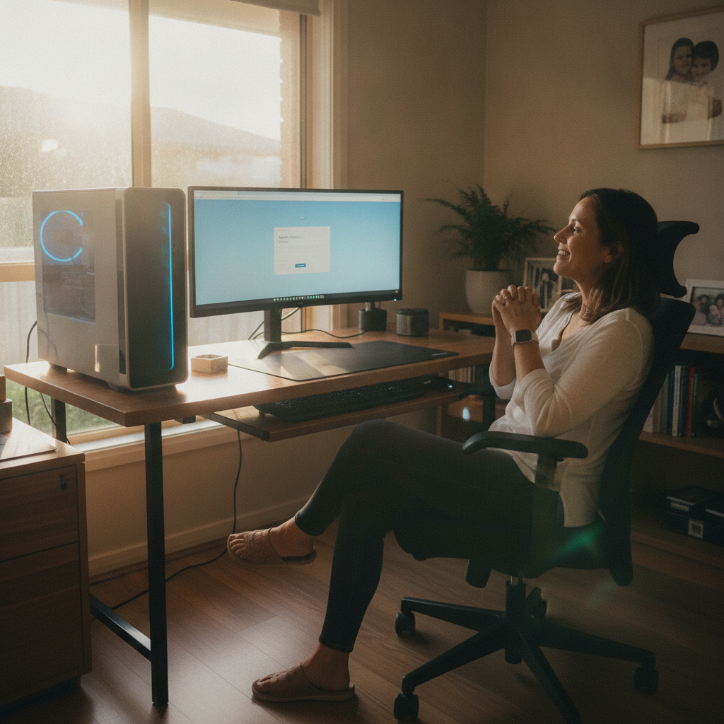 Professional computer clean-out in Emerton (2770) — a happy New South Wales resident at home with a spotless, fast, quiet machine