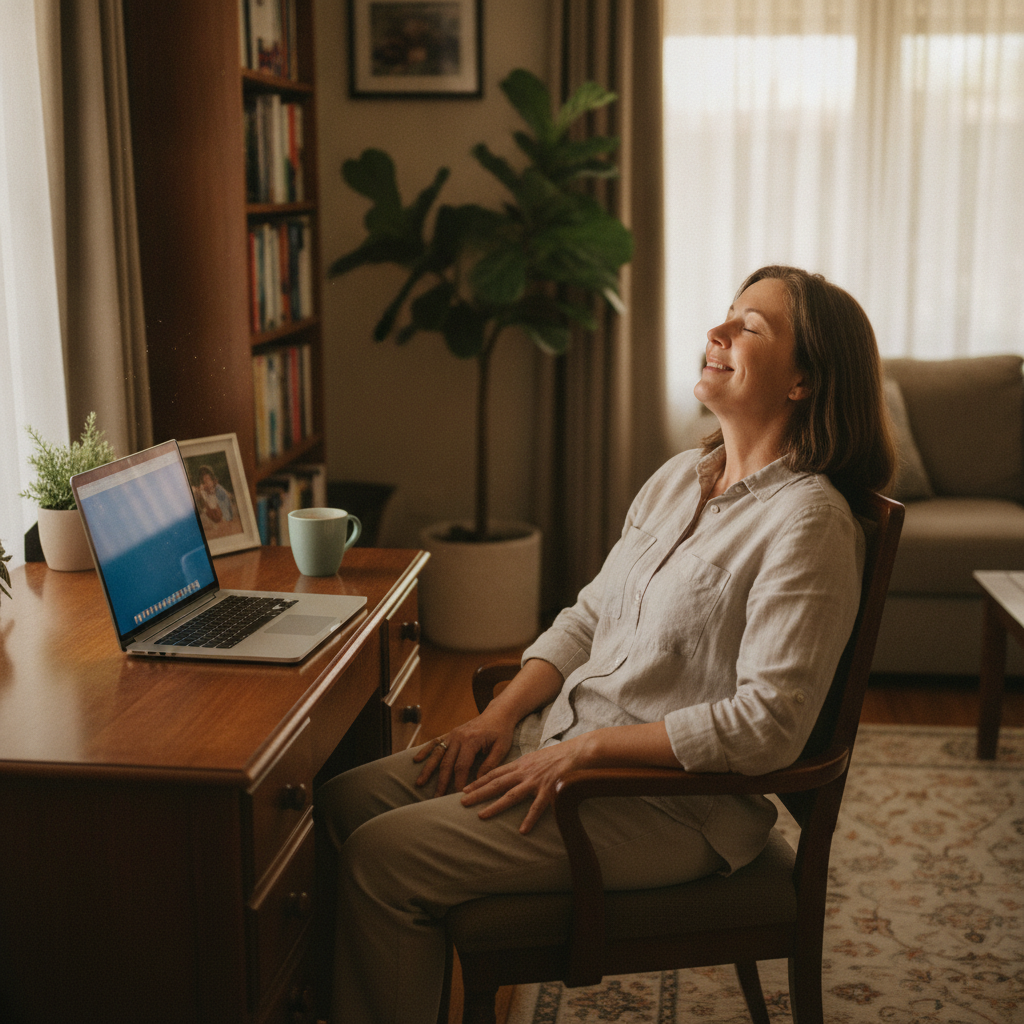 Professional computer clean-out in Enfield Plaza (5085) — a happy South Australia resident at home with a spotless, fast, quiet machine
