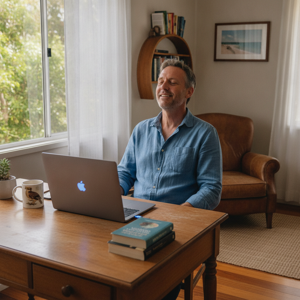 Professional computer clean-out in Enoggera Reservoir (4520) — a happy Queensland resident at home with a spotless, fast, quiet machine