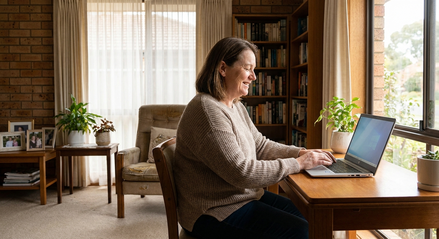 Professional computer clean-out in Epping (3076) — a happy Victoria resident at home with a spotless, fast, quiet machine