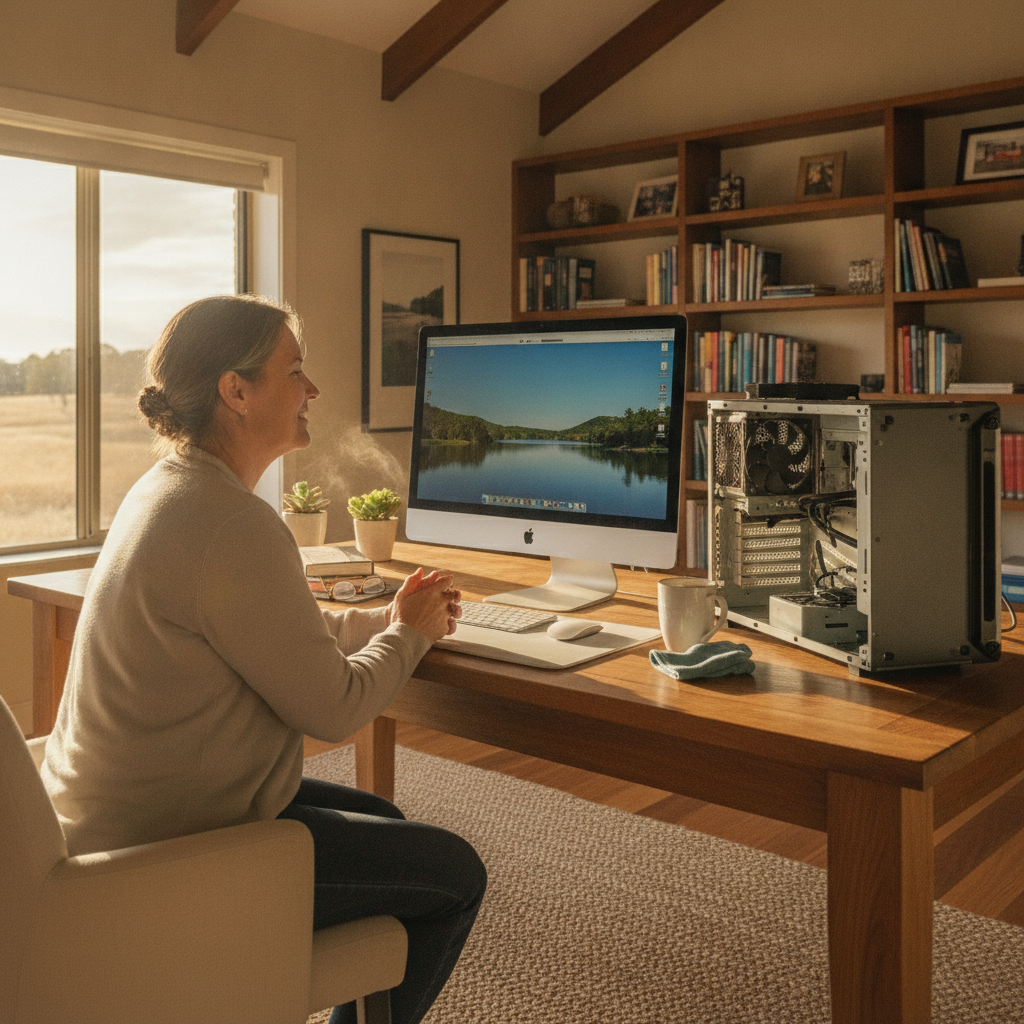 Professional computer clean-out in Errowanbang (2791) — a happy New South Wales resident at home with a spotless, fast, quiet machine