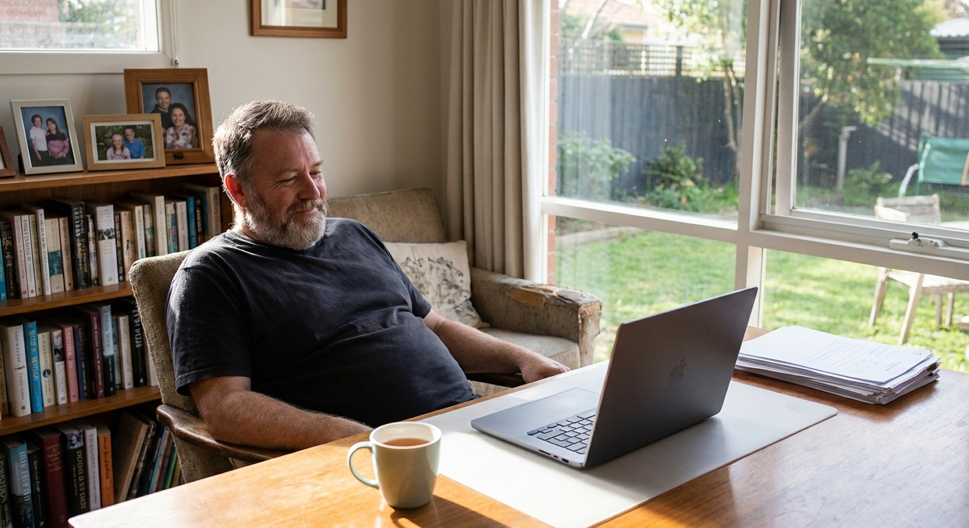 Professional computer clean-out in Essendon (3040) — a happy Victoria resident at home with a spotless, fast, quiet machine