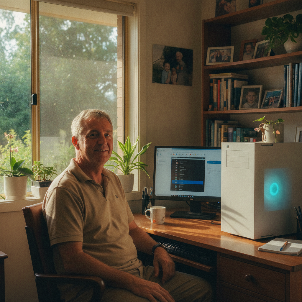 Professional computer clean-out in Euroley (2700) — a happy New South Wales resident at home with a spotless, fast, quiet machine