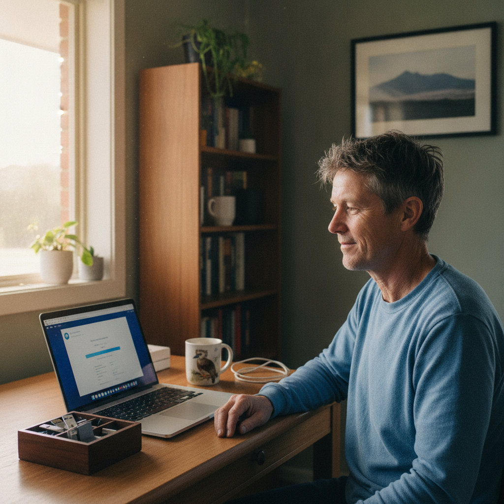 Professional computer clean-out in Evandale (7212) — a happy Tasmania resident at home with a spotless, fast, quiet machine