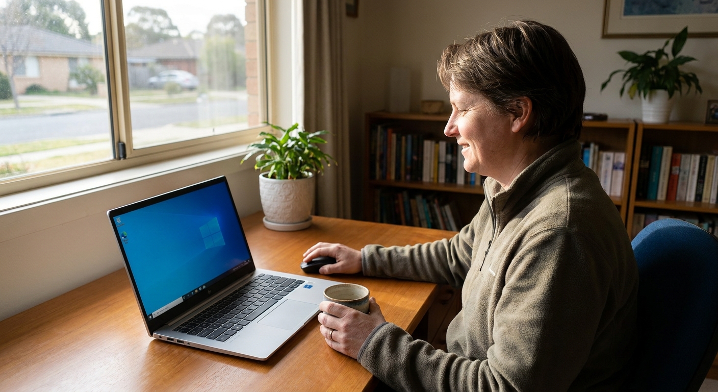 Professional computer clean-out in Evatt (2617) — a happy the ACT resident at home with a spotless, fast, quiet machine