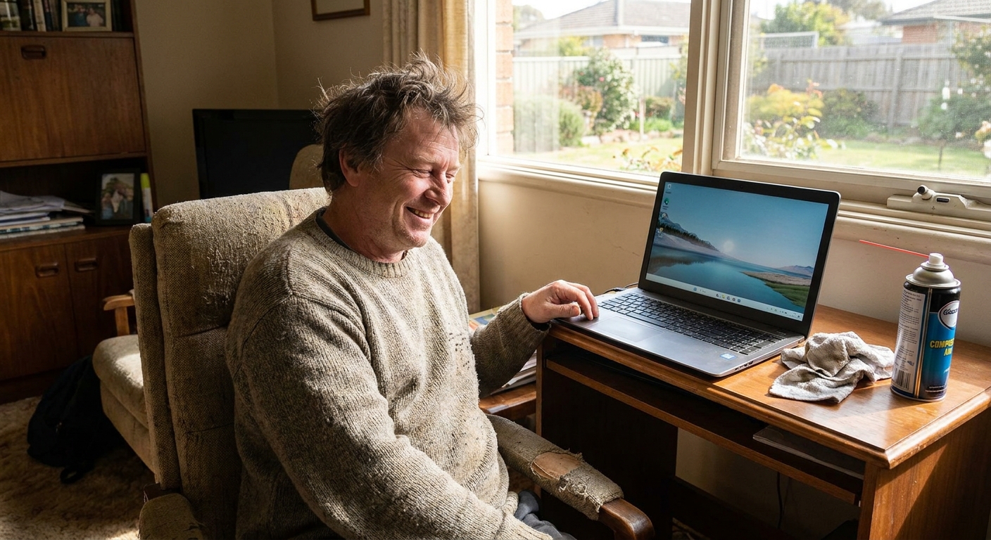 Computer cleaning in Fawkner North (3060) — a local resident at home with a clean, fast, dust-free computer running cool and quiet