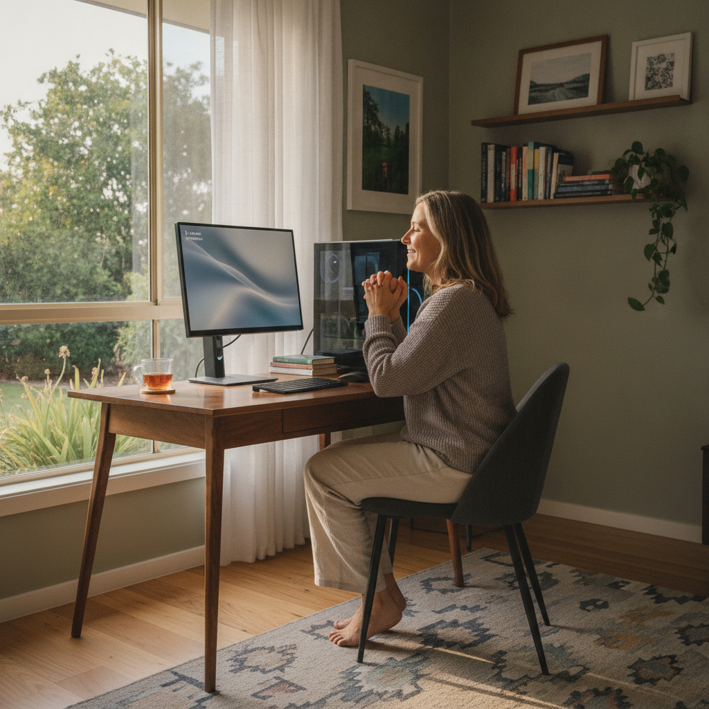Professional computer clean-out in Ferndale (6148) — a happy Western Australia resident at home with a spotless, fast, quiet machine