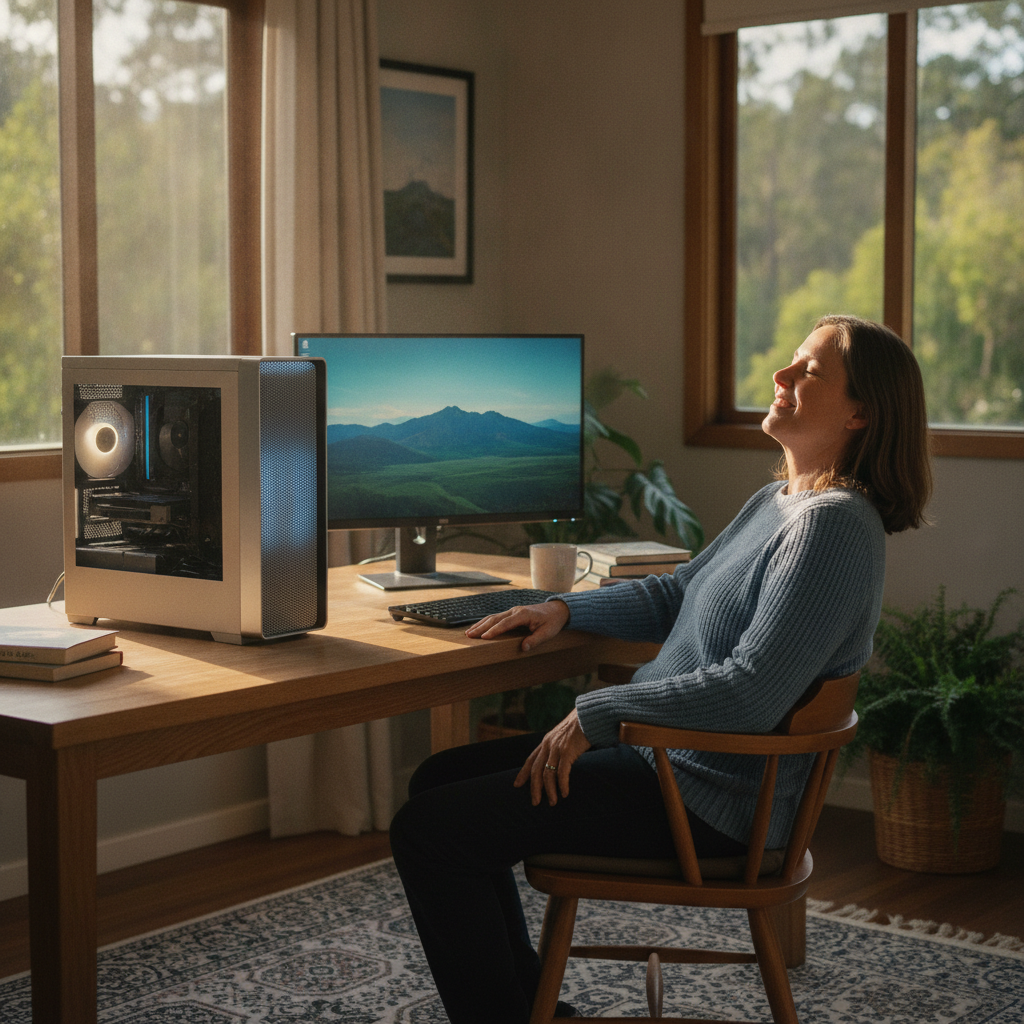 Professional computer clean-out in Fernmount (2454) — a happy New South Wales resident at home with a spotless, fast, quiet machine