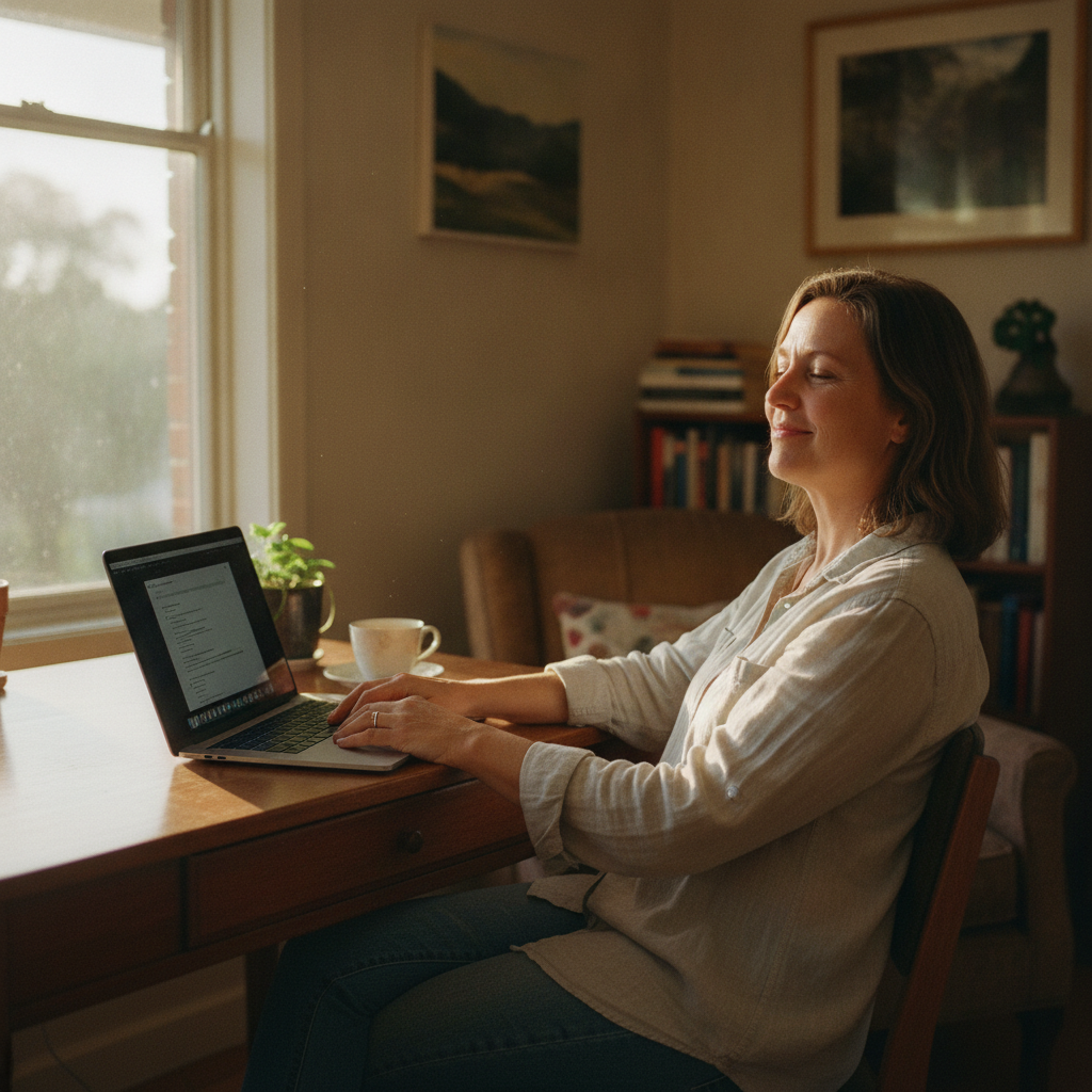 Professional computer clean-out in Fernside (2480) — a happy New South Wales resident at home with a spotless, fast, quiet machine