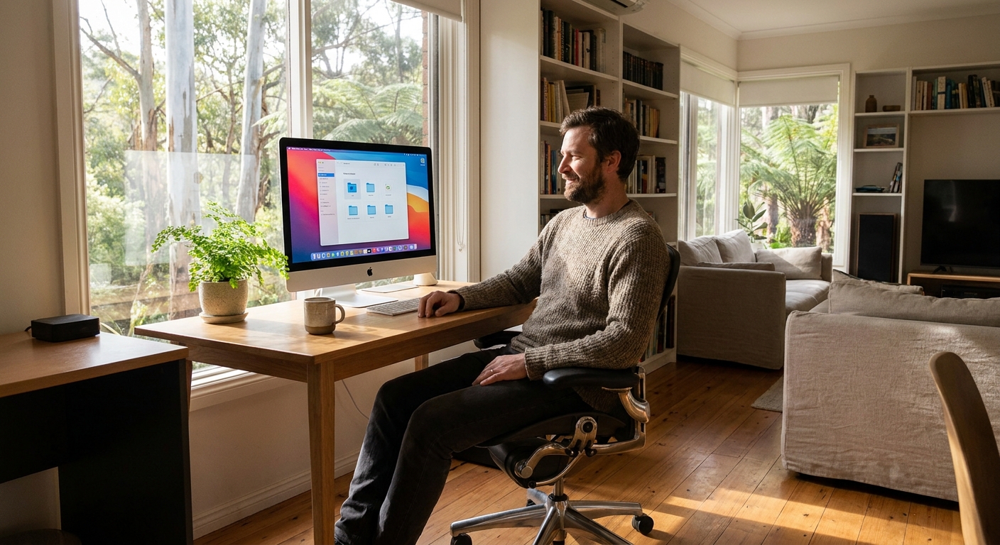 Professional computer clean-out in Ferny Creek (3786) — a happy Victoria resident at home with a spotless, fast, quiet machine
