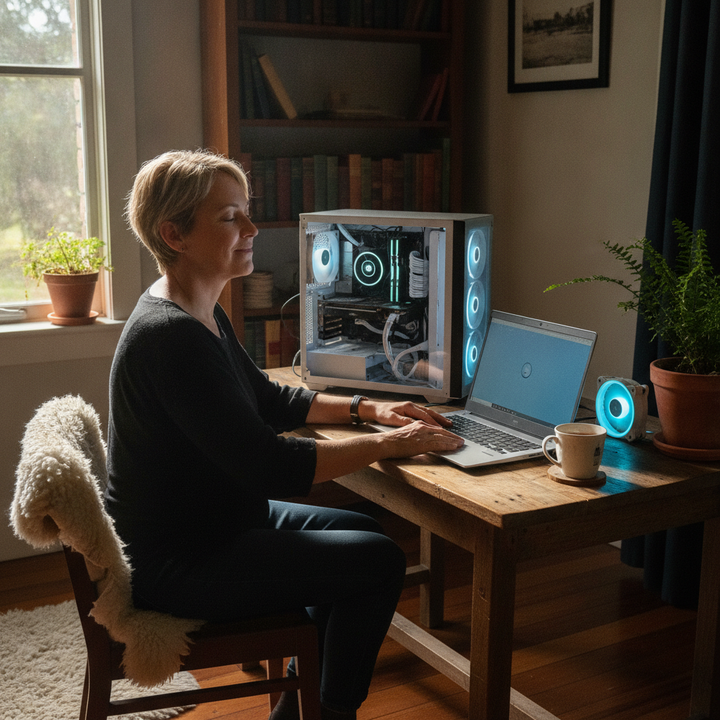Professional computer clean-out in Fitzgeralds Valley (2795) — a happy New South Wales resident at home with a spotless, fast, quiet machine