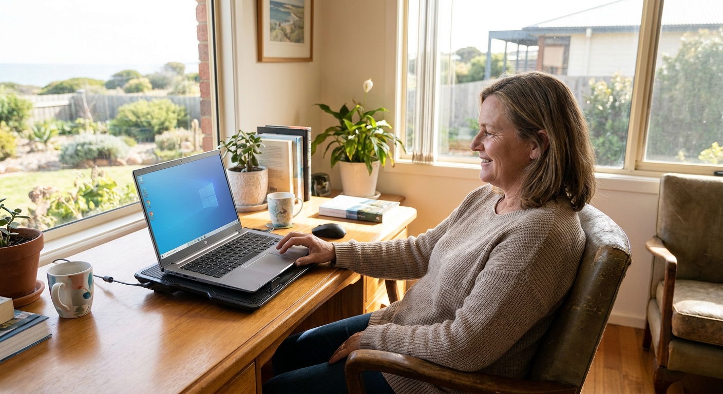 Computer cleaning in Flinders (3929) — a local resident at home with a clean, fast, dust-free computer running cool and quiet