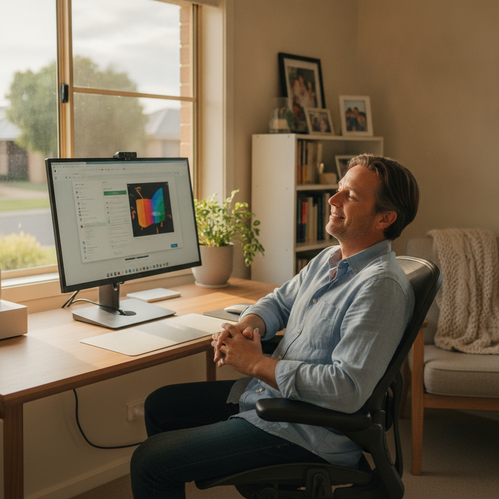 Professional computer clean-out in Floreat (6014) — a happy Western Australia resident at home with a spotless, fast, quiet machine