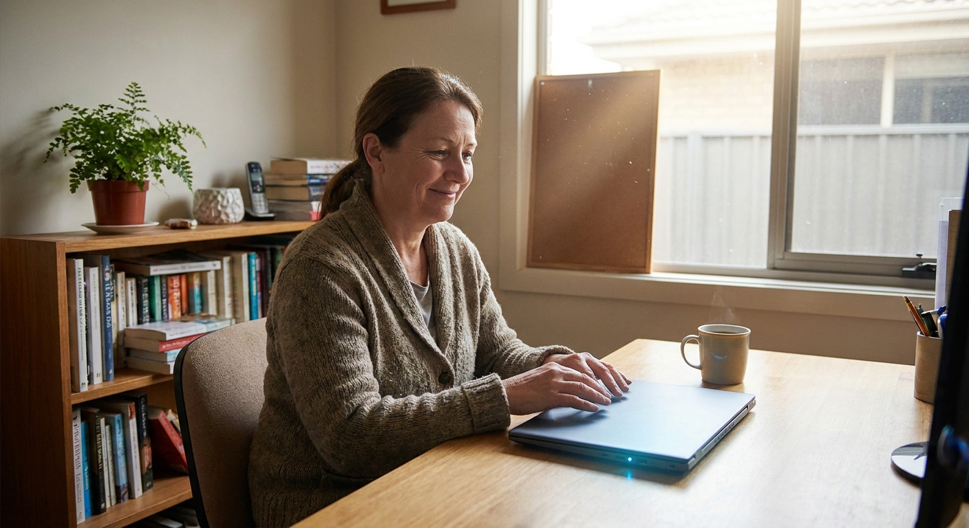 Professional computer clean-out in Footscray (3011) — a happy Victoria resident at home with a spotless, fast, quiet machine