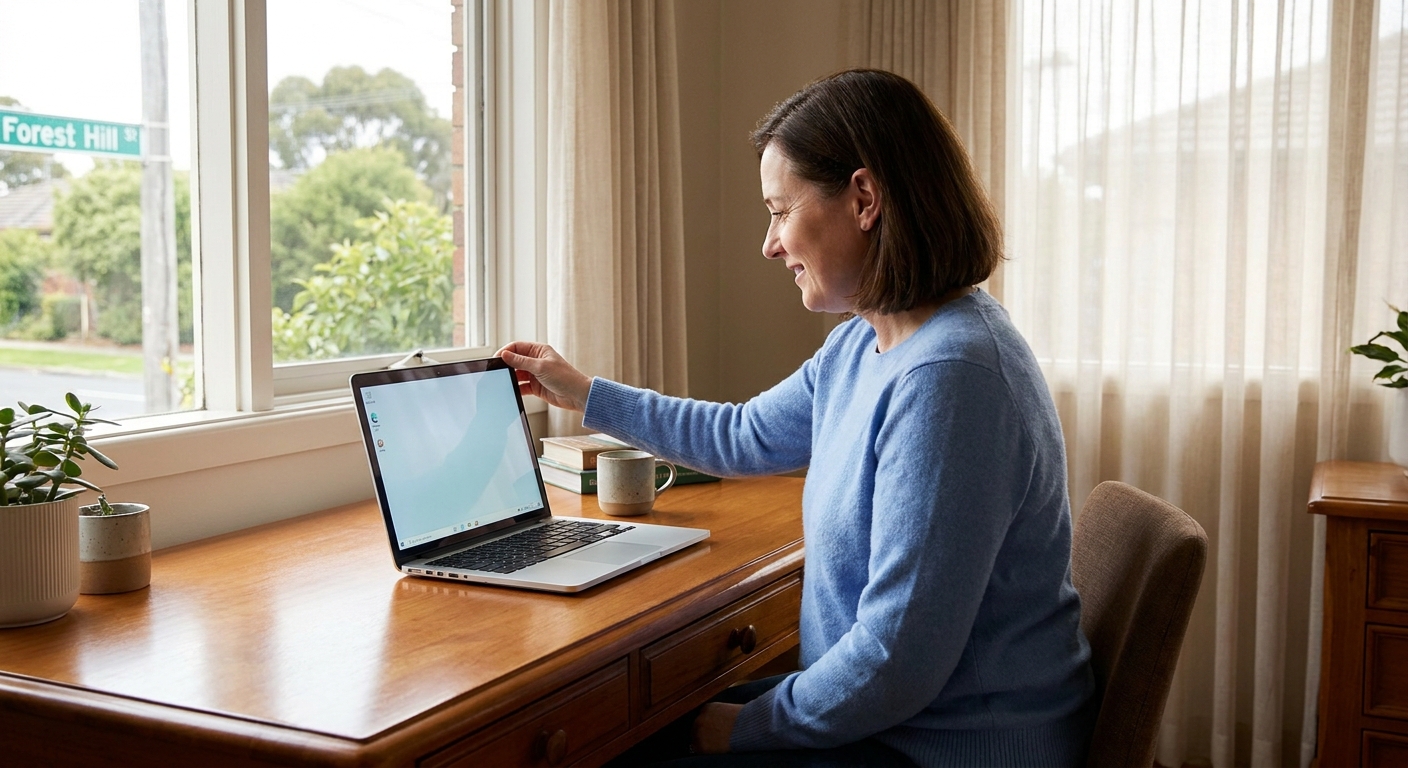 Professional computer clean-out in Forest Hill (3131) — a happy Victoria resident at home with a spotless, fast, quiet machine