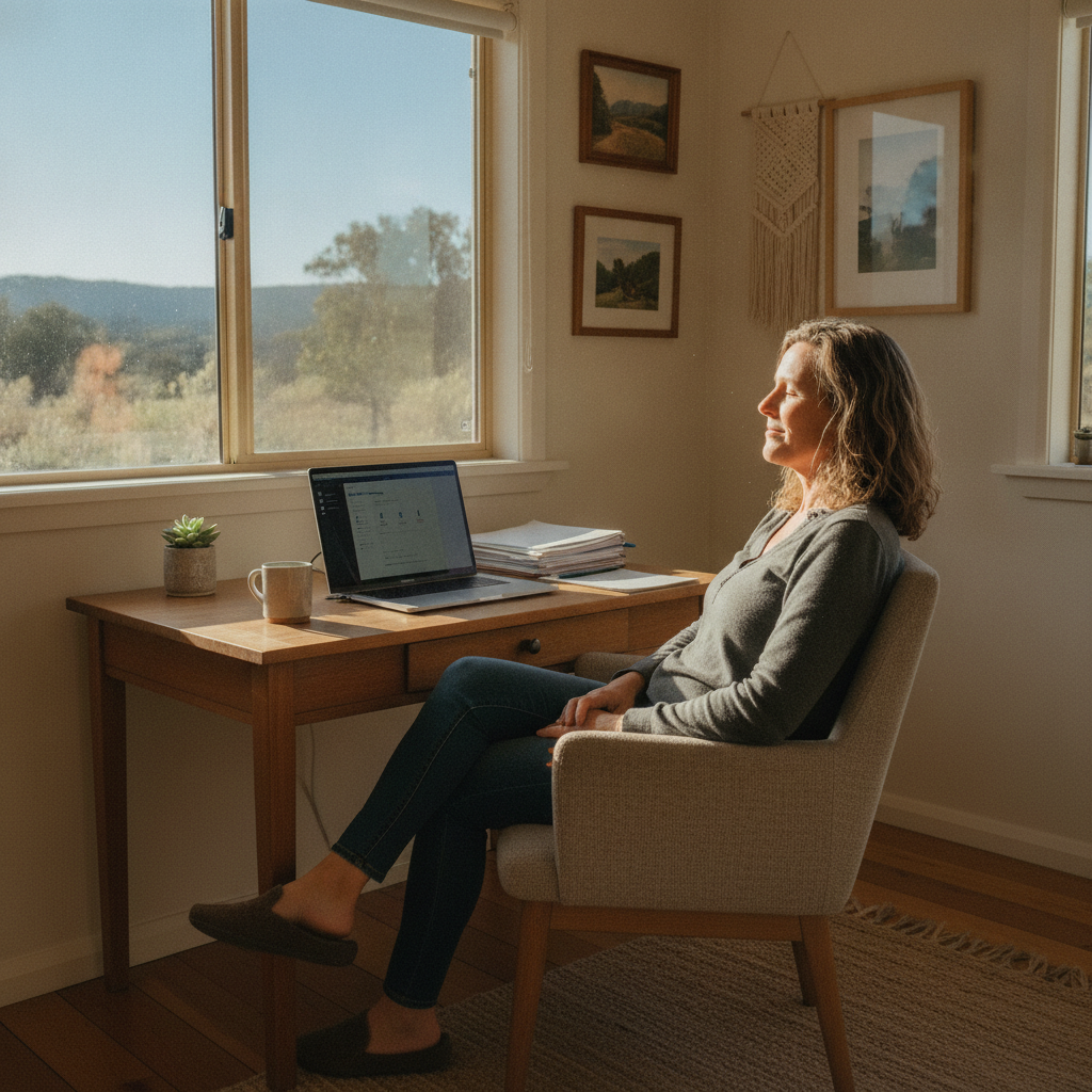 Professional computer clean-out in Four Mile Creek (2800) — a happy New South Wales resident at home with a spotless, fast, quiet machine