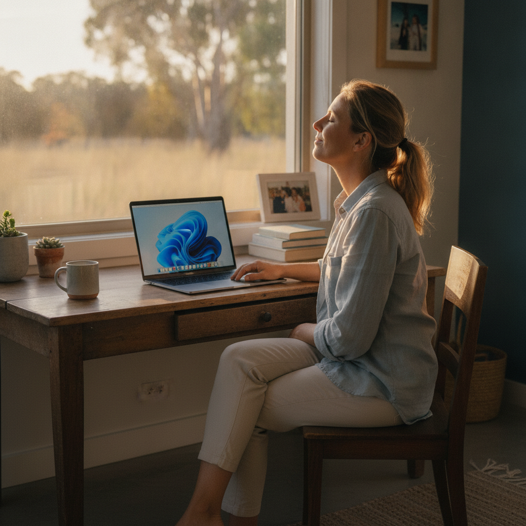 Professional computer clean-out in Freemans (2259) — a happy New South Wales resident at home with a spotless, fast, quiet machine