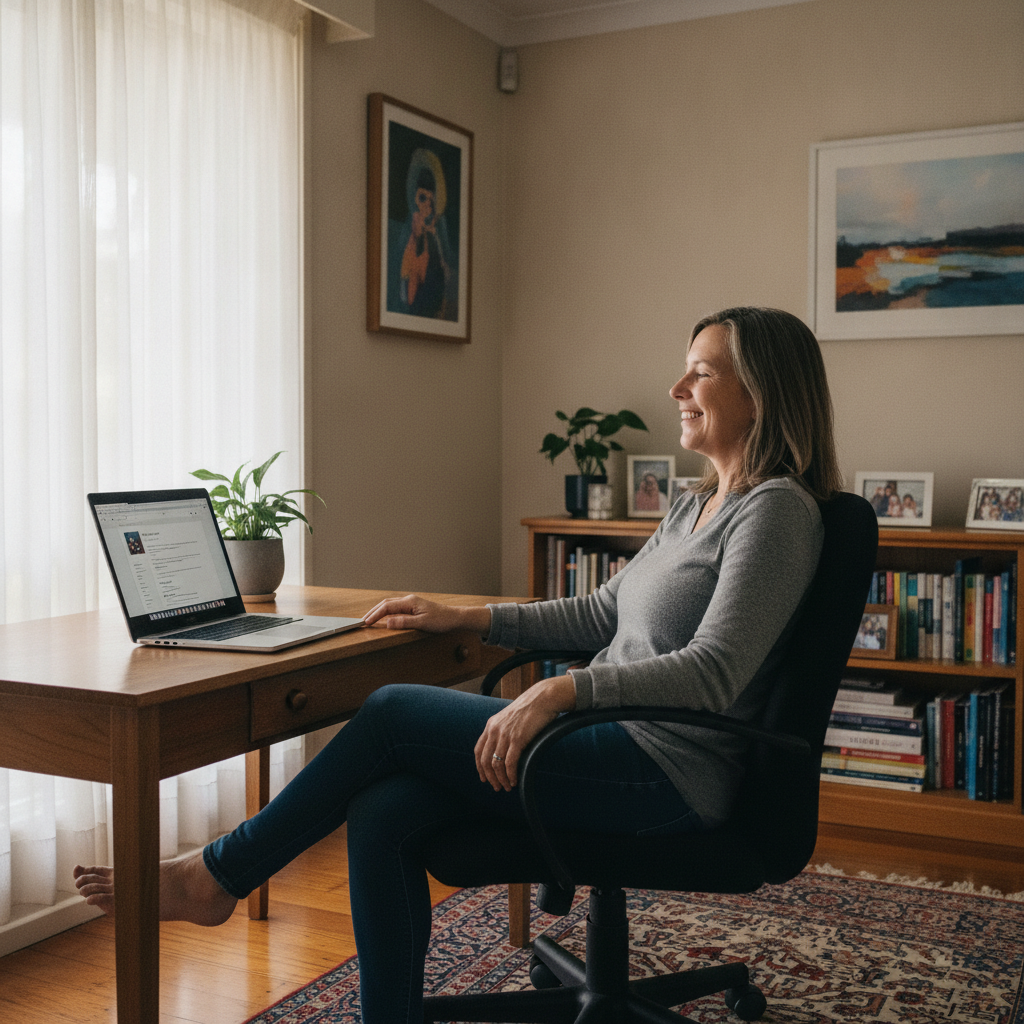 Professional computer clean-out in Fulham Gardens (5024) — a happy South Australia resident at home with a spotless, fast, quiet machine