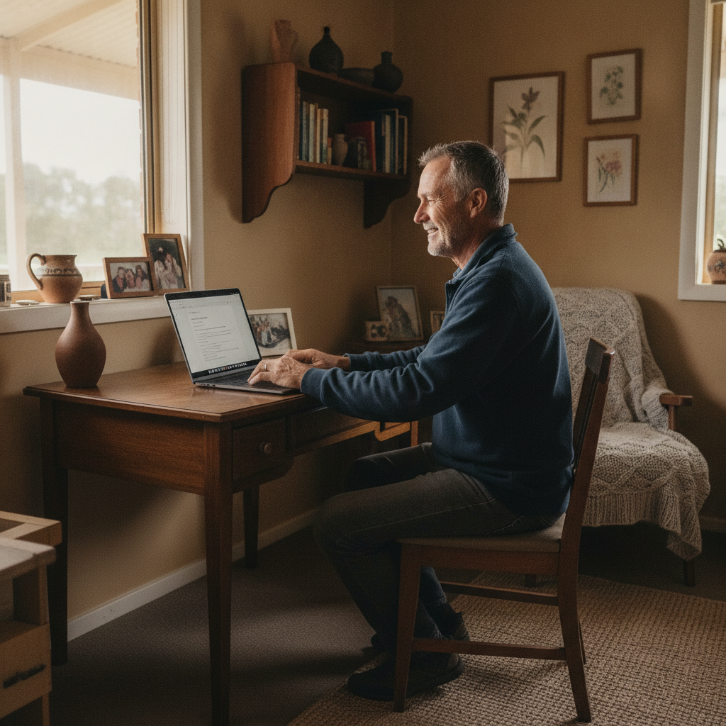 Professional computer clean-out in Galambine (2850) — a happy New South Wales resident at home with a spotless, fast, quiet machine